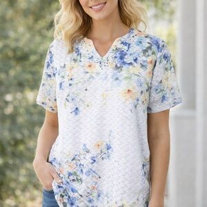 Alfred Dunner Short Sleeve Floral Top - Petite Small Blue and Yellow